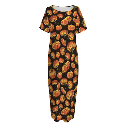 Orange Halloween Pumpkin Pattern Print Short Sleeve Long Nightdress