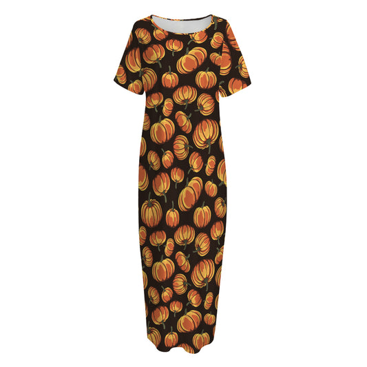 Orange Halloween Pumpkin Pattern Print Short Sleeve Long Nightdress
