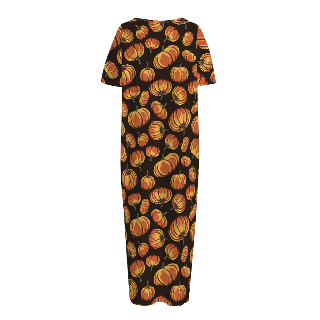 Orange Halloween Pumpkin Pattern Print Short Sleeve Long Nightdress