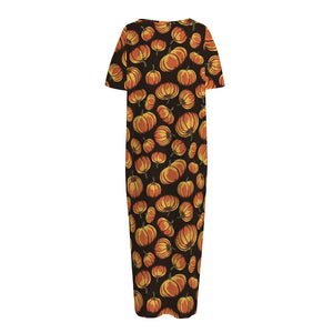 Orange Halloween Pumpkin Pattern Print Short Sleeve Long Nightdress