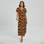 Orange Halloween Pumpkin Pattern Print Short Sleeve Maxi Dress