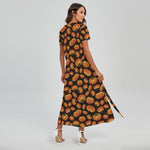 Orange Halloween Pumpkin Pattern Print Short Sleeve Maxi Dress