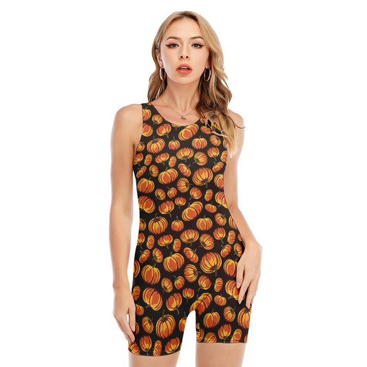 Orange Halloween Pumpkin Pattern Print Sleeveless One Piece Swimsuit