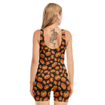 Orange Halloween Pumpkin Pattern Print Sleeveless One Piece Swimsuit