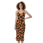 Orange Halloween Pumpkin Pattern Print Slim Fit Midi Cami Dress