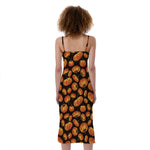 Orange Halloween Pumpkin Pattern Print Slim Fit Midi Cami Dress
