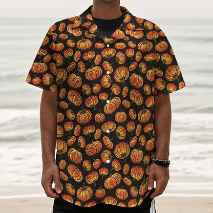 Orange Halloween Pumpkin Pattern Print Textured Short Sleeve Shirt