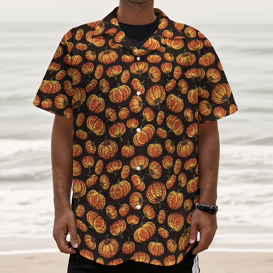 Orange Halloween Pumpkin Pattern Print Textured Short Sleeve Shirt