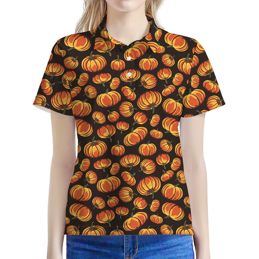 Orange Halloween Pumpkin Pattern Print Women's Polo Shirt