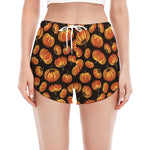 Orange Halloween Pumpkin Pattern Print Women's Split Running Shorts