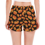 Orange Halloween Pumpkin Pattern Print Women's Split Running Shorts