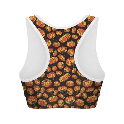 Orange Halloween Pumpkin Pattern Print Women's Sports Bra