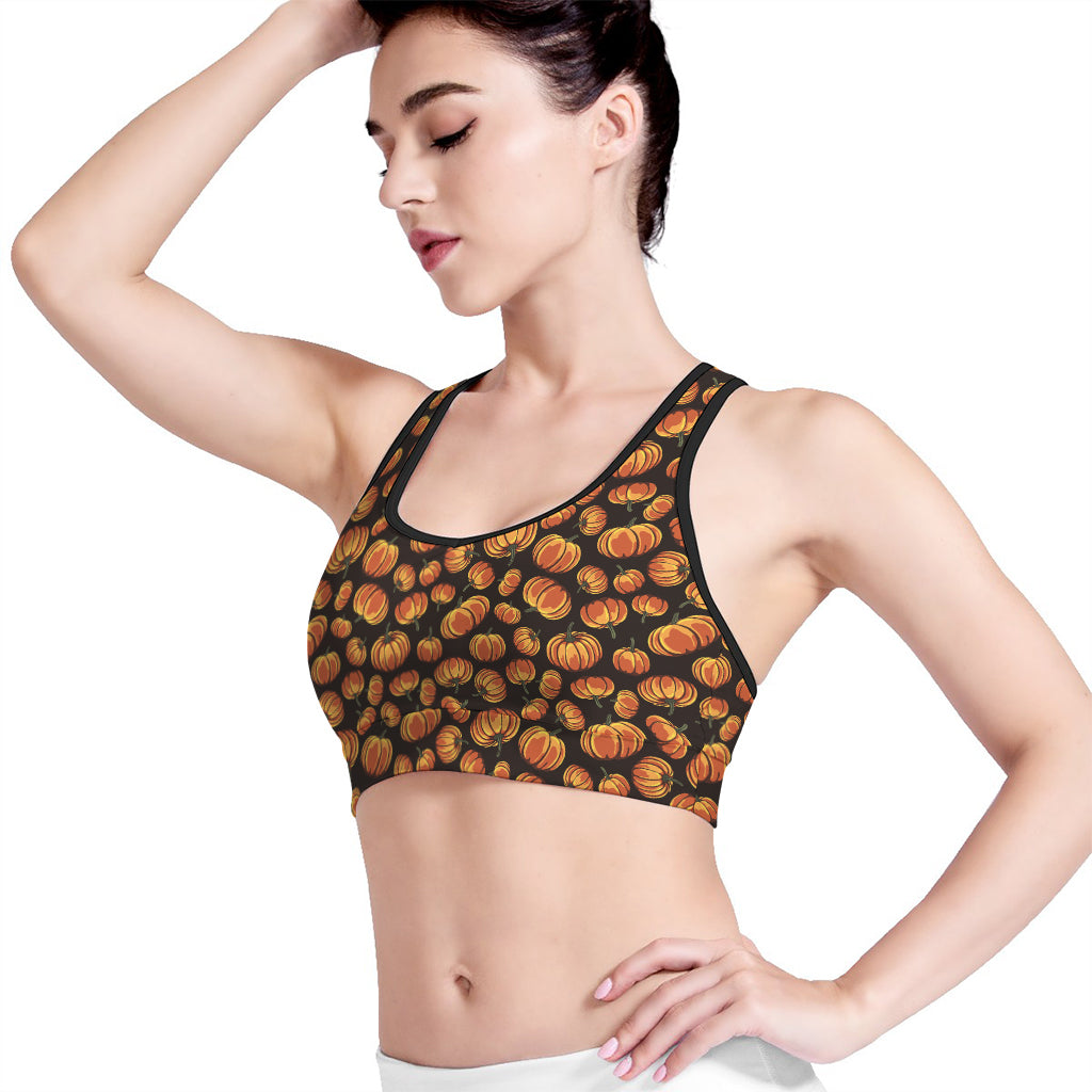 Orange Halloween Pumpkin Pattern Print Women's Sports Bra