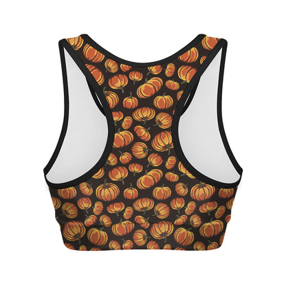 Orange Halloween Pumpkin Pattern Print Women's Sports Bra