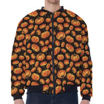 Orange Halloween Pumpkin Pattern Print Zip Sleeve Bomber Jacket