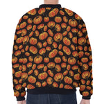 Orange Halloween Pumpkin Pattern Print Zip Sleeve Bomber Jacket