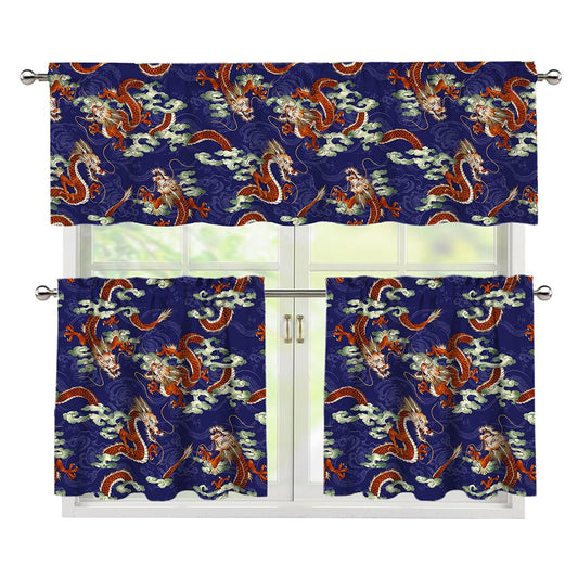 Orange Japanese Dragon Pattern Print 3 Piece Kitchen Curtains