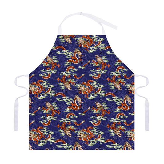 Orange Japanese Dragon Pattern Print Adjustable Apron