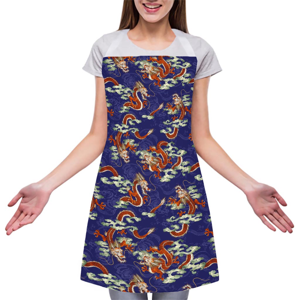 Orange Japanese Dragon Pattern Print Adjustable Apron