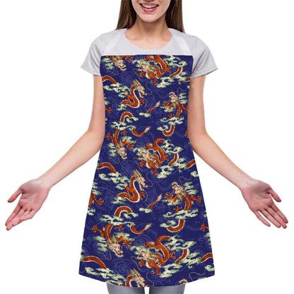 Orange Japanese Dragon Pattern Print Adjustable Apron