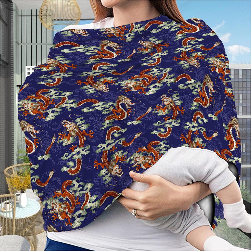 Orange Japanese Dragon Pattern Print Baby Seat Cover