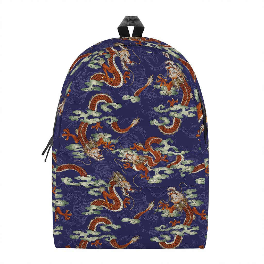 Orange Japanese Dragon Pattern Print Backpack