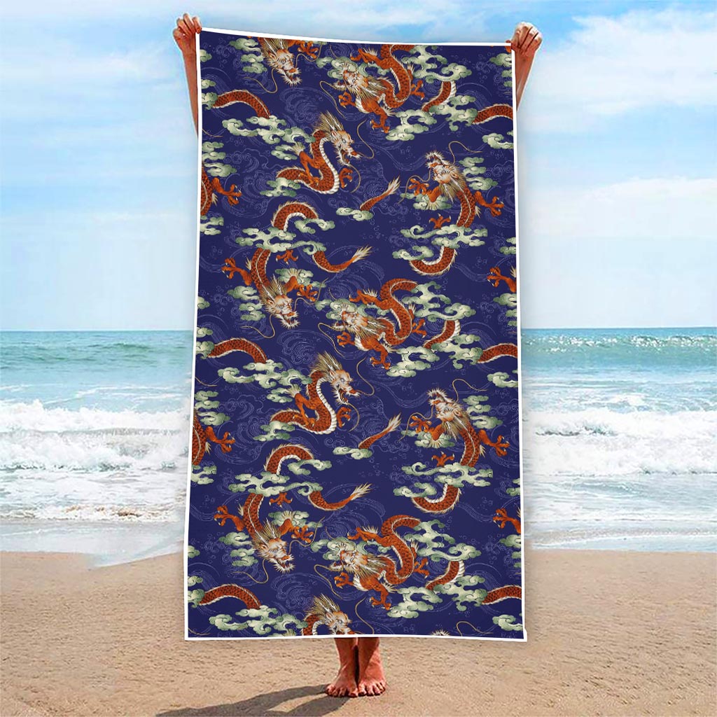 Orange Japanese Dragon Pattern Print Beach Towel
