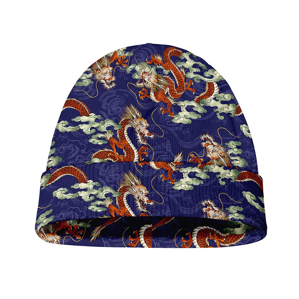 Orange Japanese Dragon Pattern Print Beanie