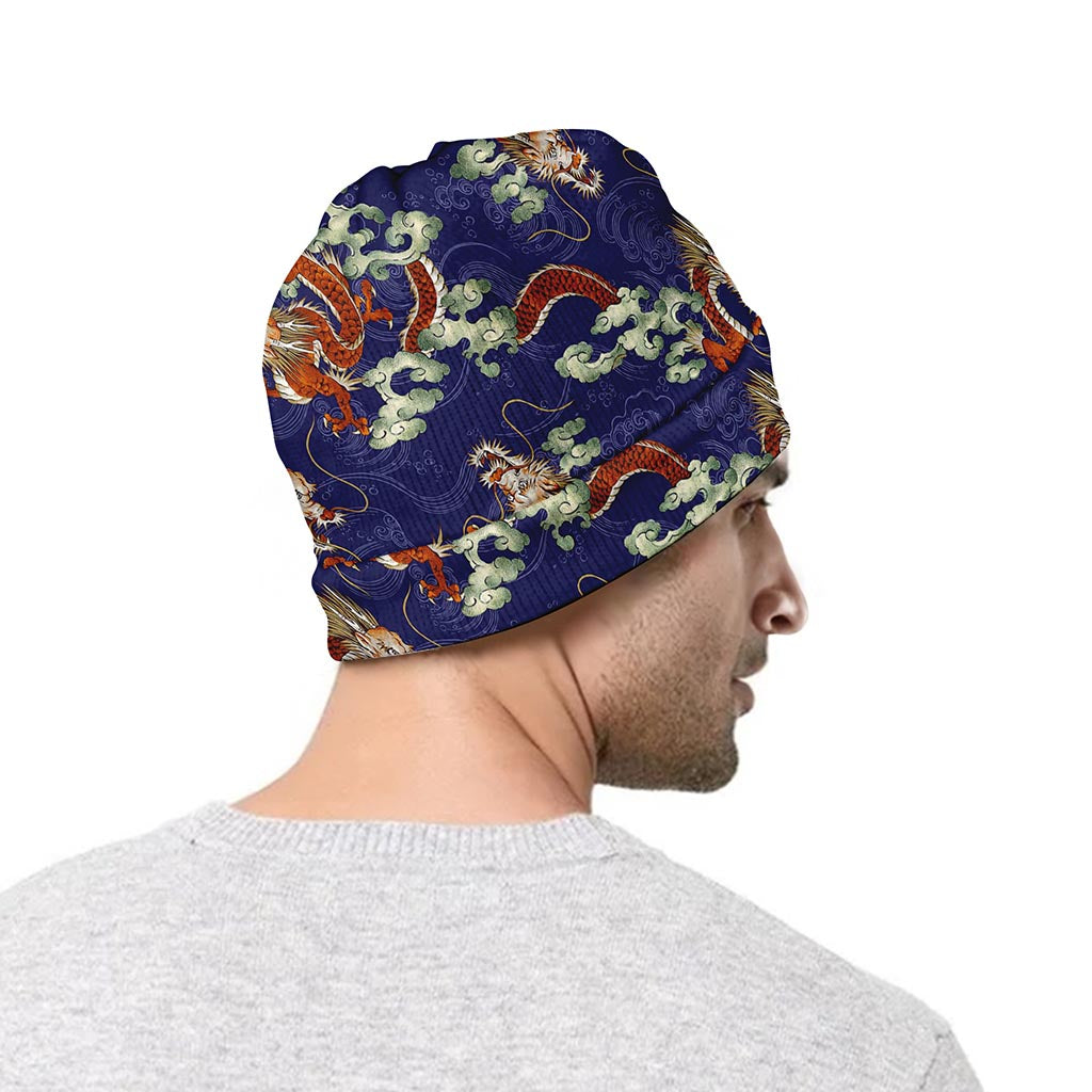 Orange Japanese Dragon Pattern Print Beanie