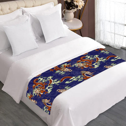 Orange Japanese Dragon Pattern Print Bed Runner