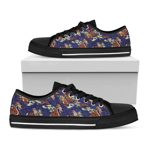 Orange Japanese Dragon Pattern Print Black Low Top Sneakers