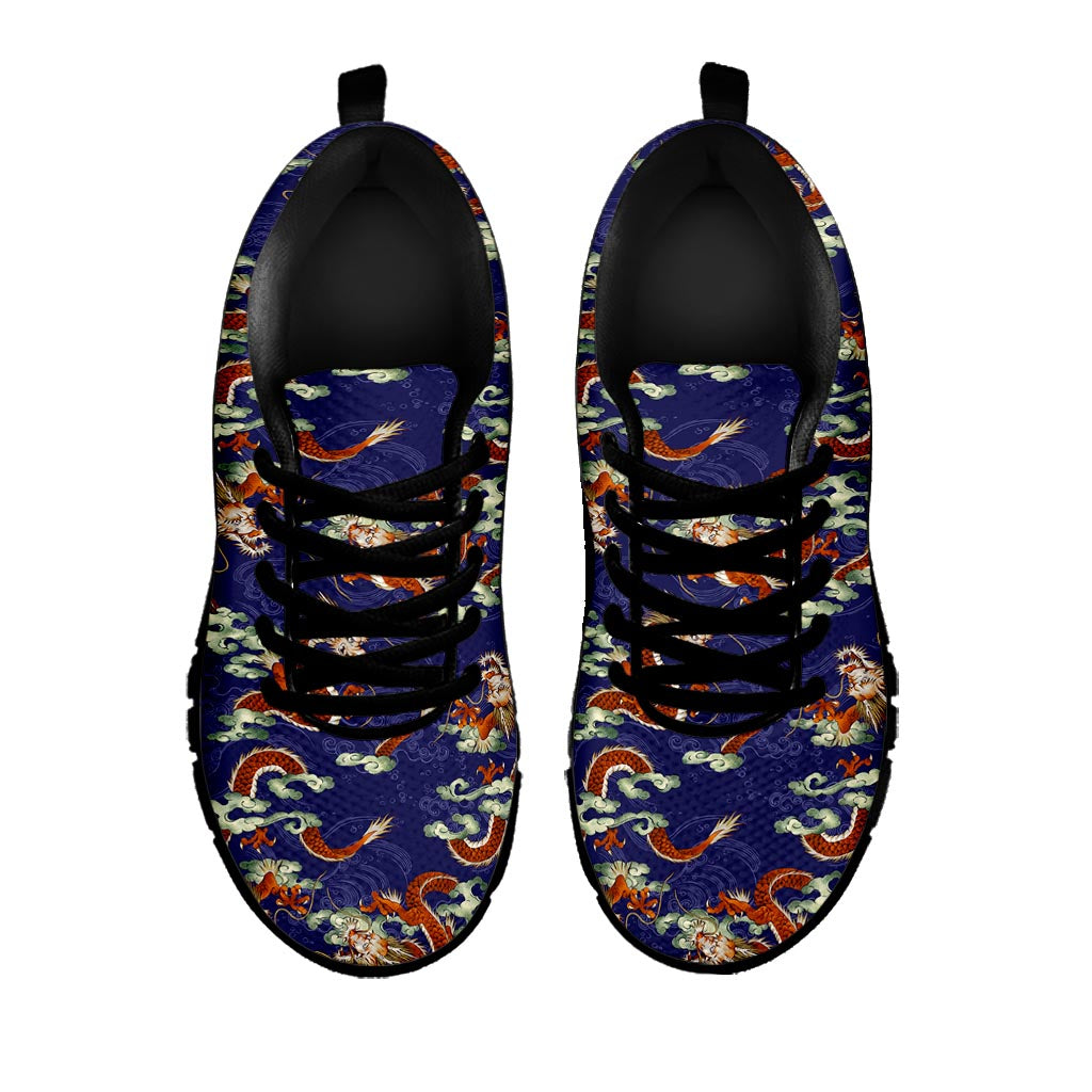 Orange Japanese Dragon Pattern Print Black Running Shoes