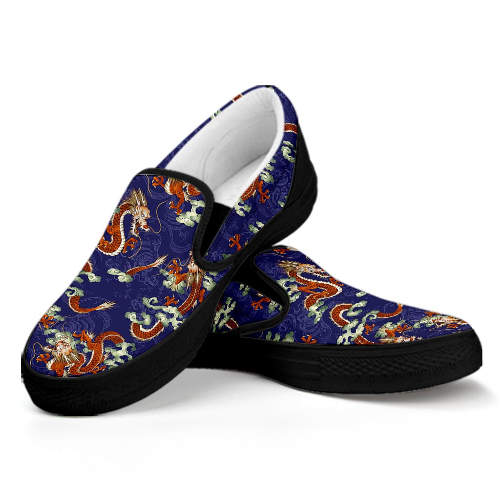 Orange Japanese Dragon Pattern Print Black Slip On Sneakers