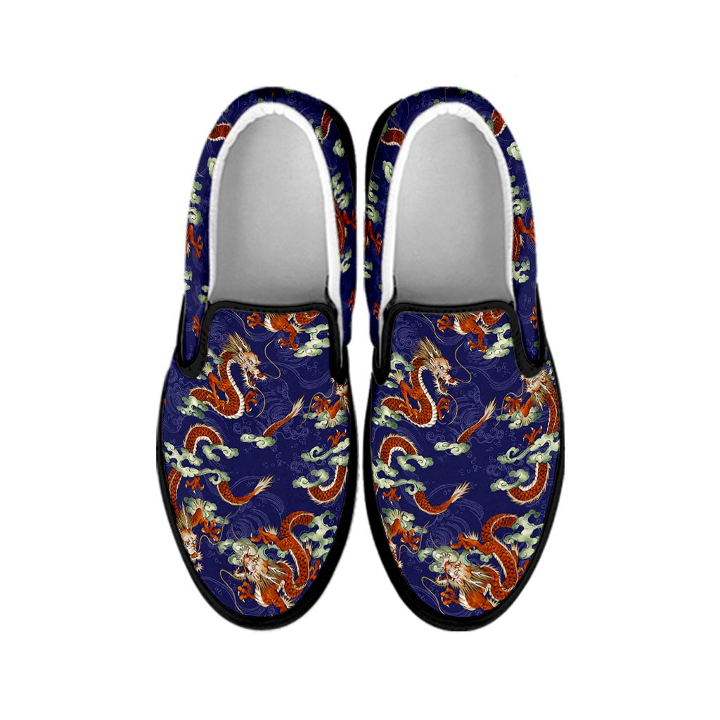 Orange Japanese Dragon Pattern Print Black Slip On Sneakers