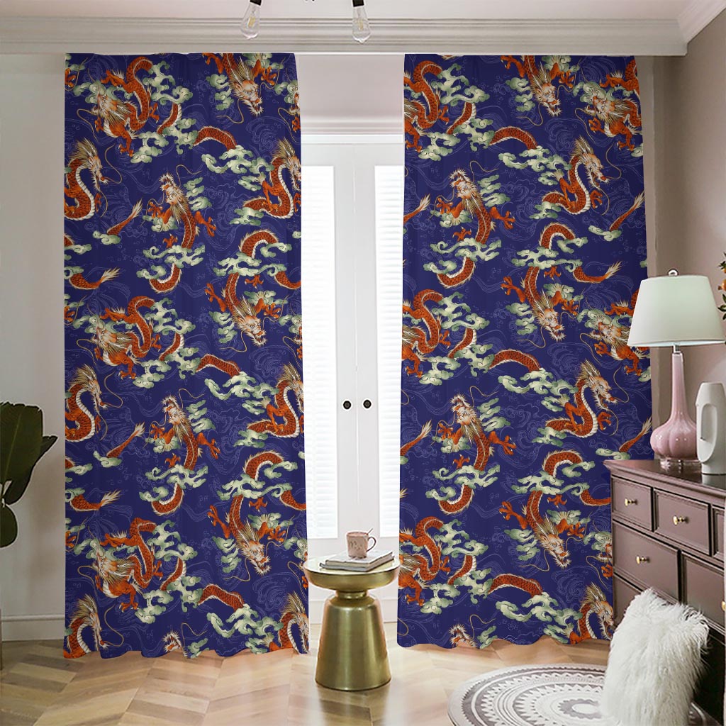 Orange Japanese Dragon Pattern Print Blackout Pencil Pleat Curtains