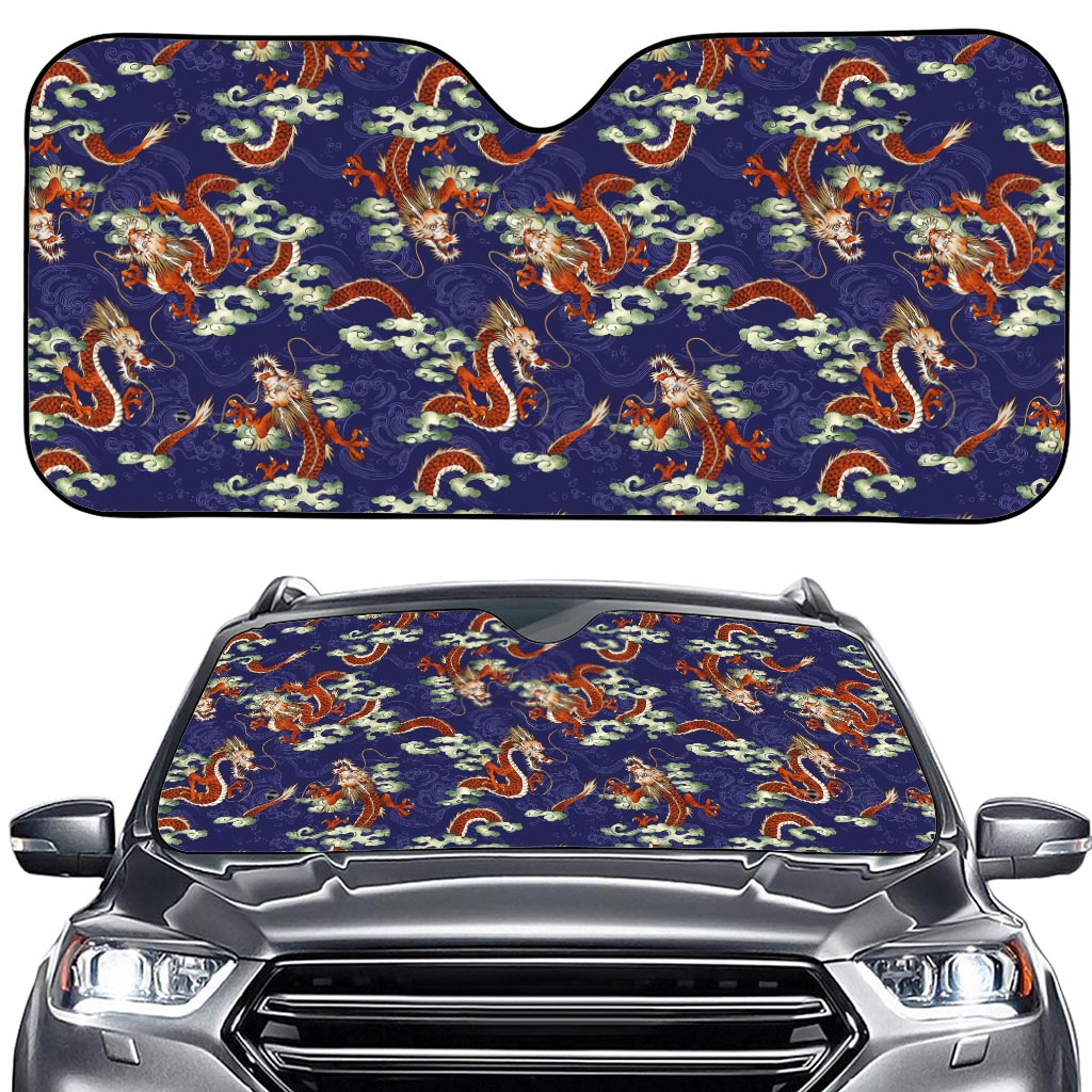 Orange Japanese Dragon Pattern Print Car Windshield Sun Shade