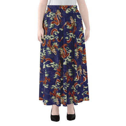 Orange Japanese Dragon Pattern Print Chiffon Maxi Skirt