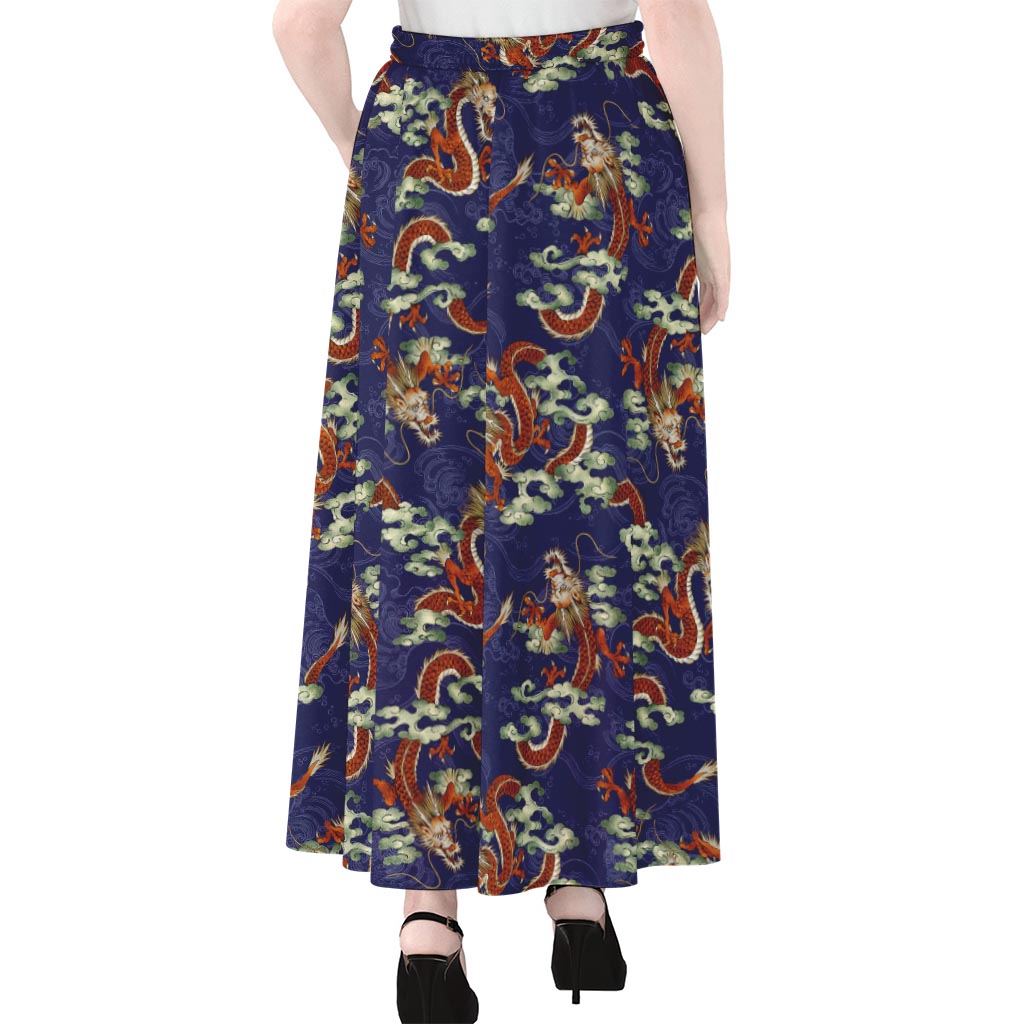 Orange Japanese Dragon Pattern Print Chiffon Maxi Skirt