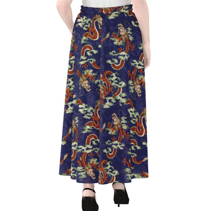 Orange Japanese Dragon Pattern Print Chiffon Maxi Skirt