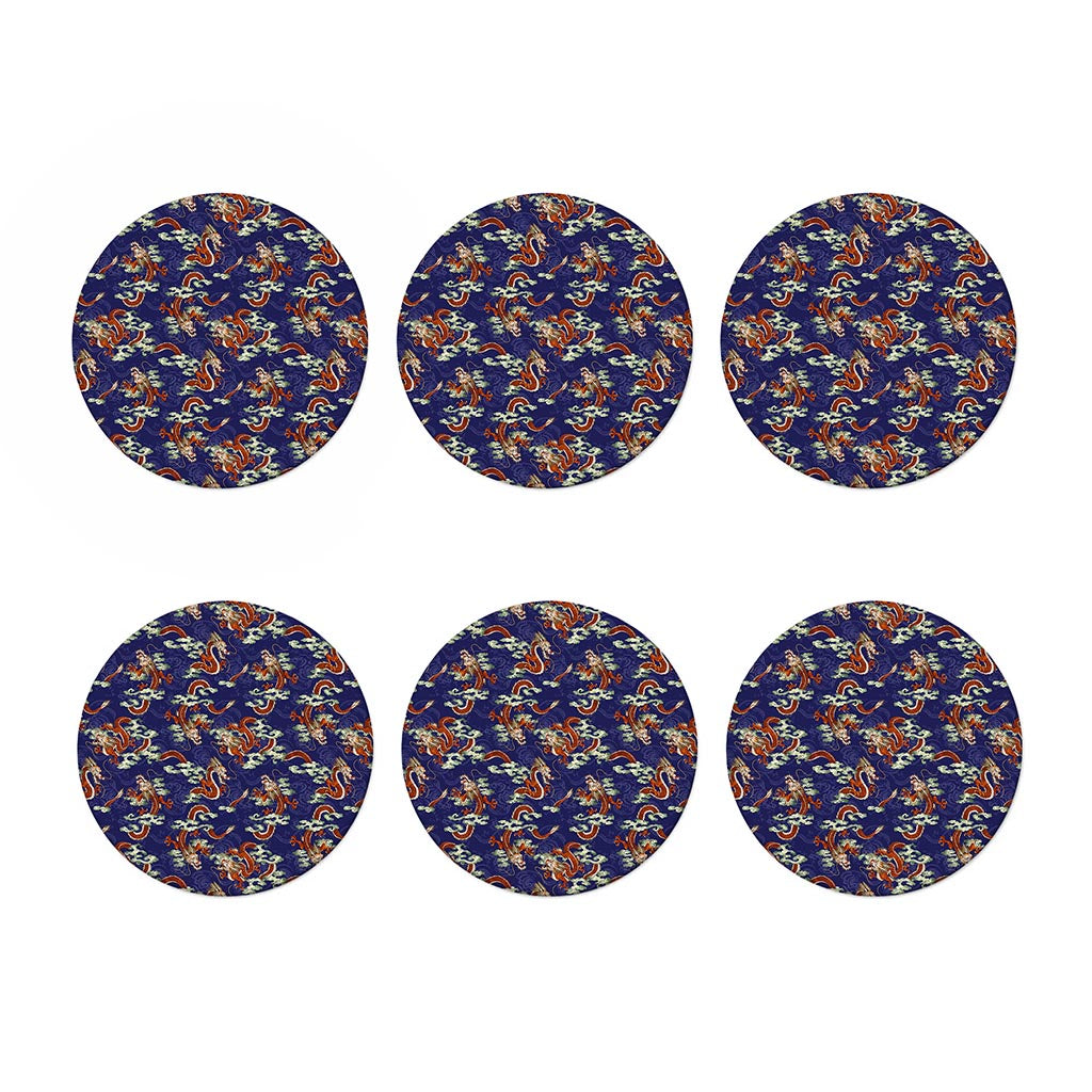 Orange Japanese Dragon Pattern Print Coaster Set
