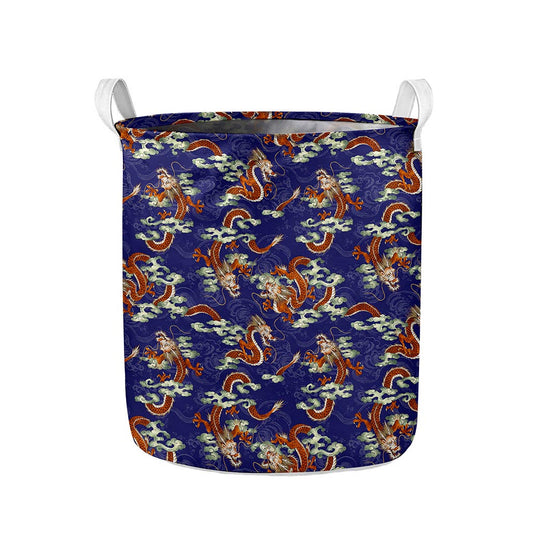 Orange Japanese Dragon Pattern Print Collapsible Laundry Basket