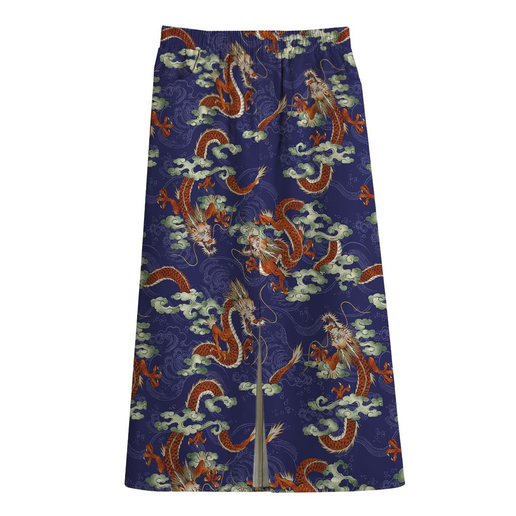 Orange Japanese Dragon Pattern Print Cotton Front Slit Maxi Skirt