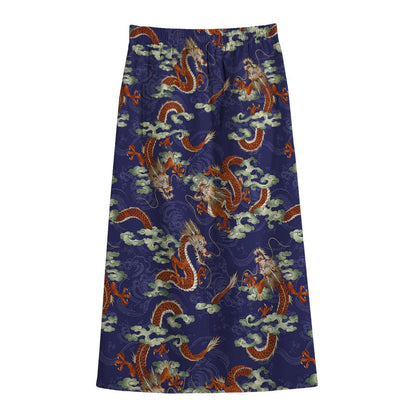 Orange Japanese Dragon Pattern Print Cotton Front Slit Maxi Skirt
