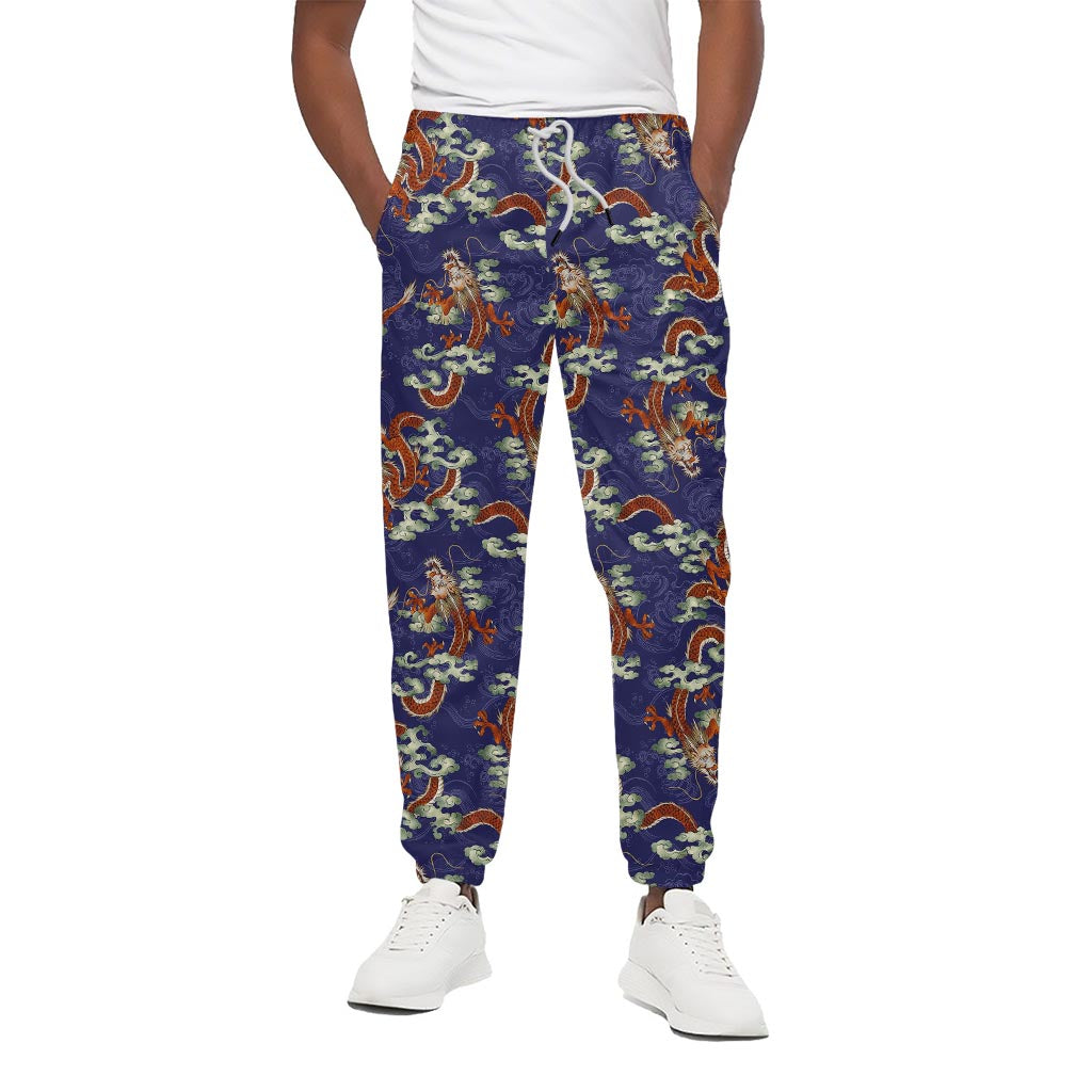Orange Japanese Dragon Pattern Print Cotton Pants