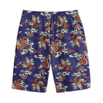 Orange Japanese Dragon Pattern Print Cotton Shorts