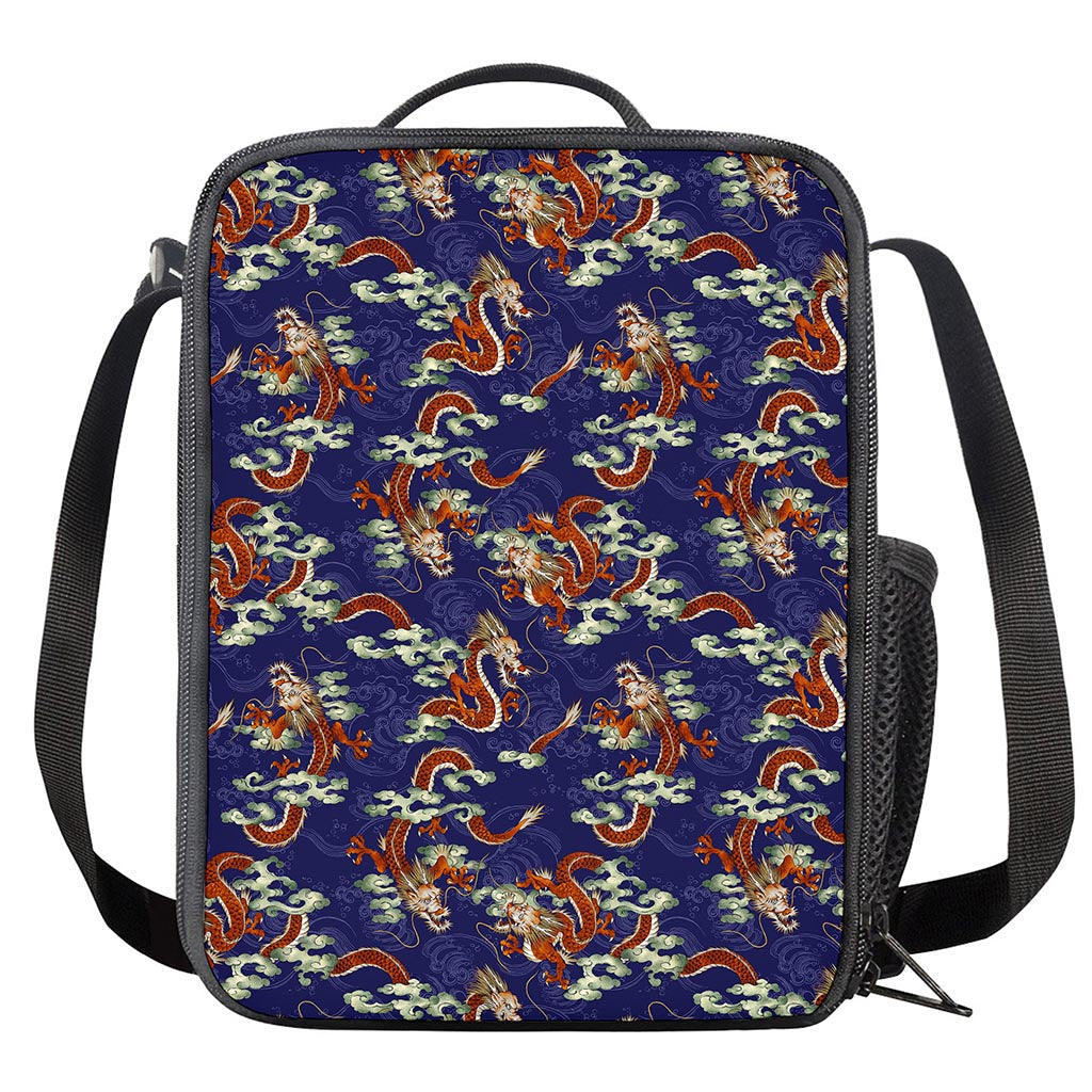 Orange Japanese Dragon Pattern Print Crossbody Lunch Bag