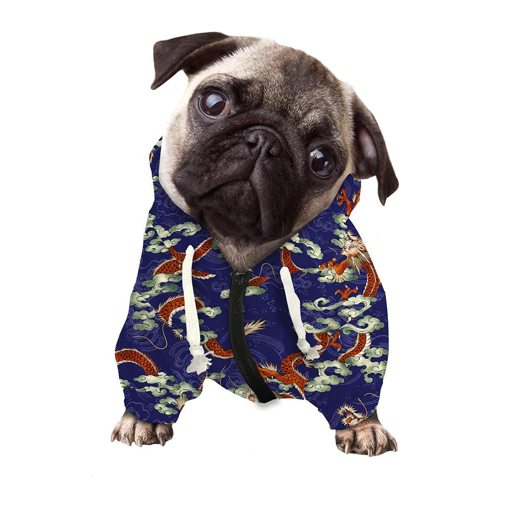 Orange Japanese Dragon Pattern Print Dog Zip Up Hoodie