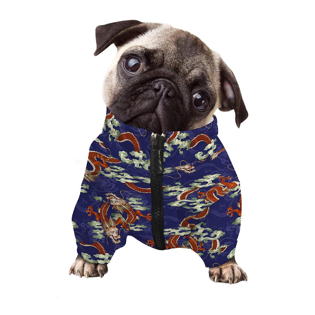 Orange Japanese Dragon Pattern Print Dog Zip Up Jacket