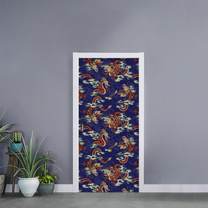 Orange Japanese Dragon Pattern Print Door Sticker