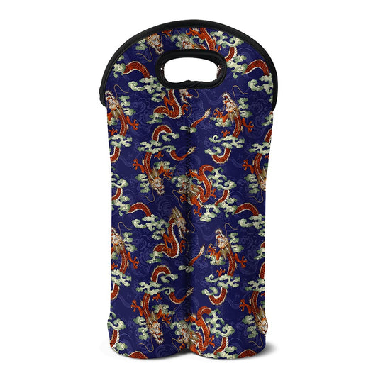 Orange Japanese Dragon Pattern Print Double Neoprene Wine Tote